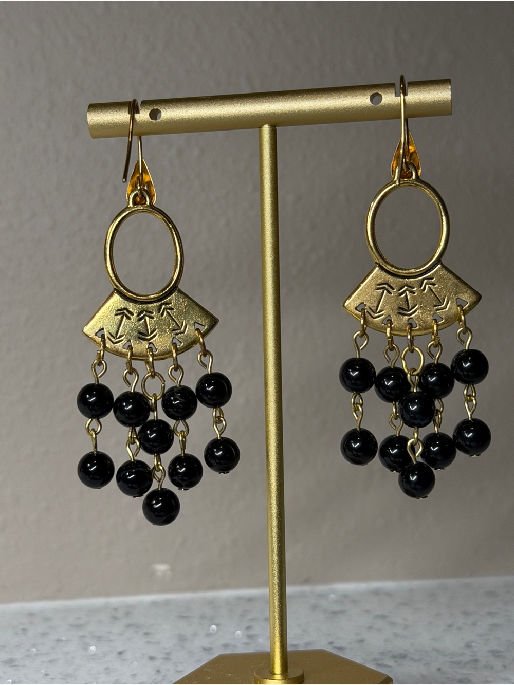 Hand Crafted Gold and Black Beaded Dangle Earrings - Picture 5 of 6